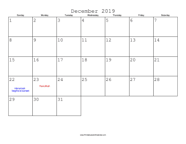 December 2019 Calendar with Jewish holidays 