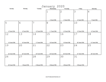 January 2020 Calendar with Jewish equivalents 