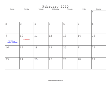 February 2020 Calendar with Jewish holidays 
