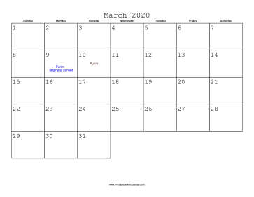 March 2020 Calendar with Jewish holidays 