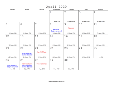 April 2020 Calendar with Jewish equivalents 