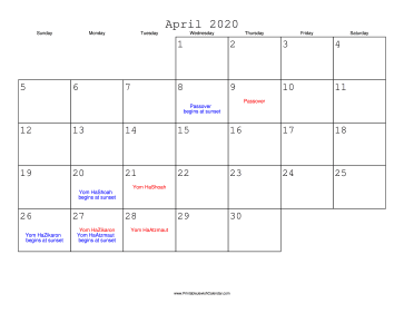 April 2020 Calendar with Jewish holidays 