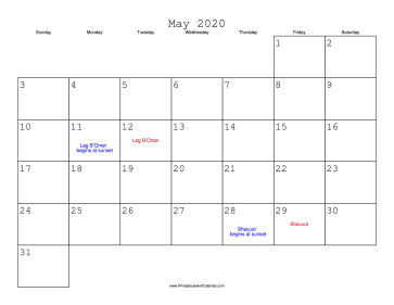 May 2020 Calendar with Jewish holidays 