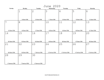 June 2020 Calendar with Jewish equivalents 