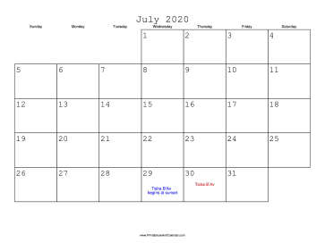 July 2020 Calendar with Jewish holidays 