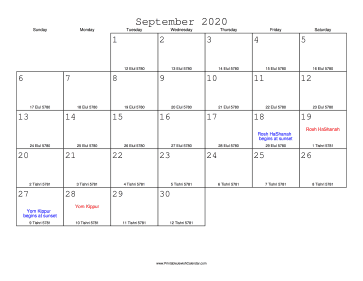 September 2020 Calendar with Jewish equivalents 