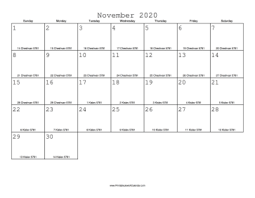 November 2020 Calendar with Jewish equivalents 