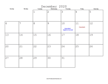 December 2020 Calendar with Jewish holidays 