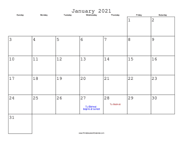 January 2021 Calendar with Jewish holidays 