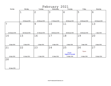 February 2021 Calendar with Jewish equivalents 