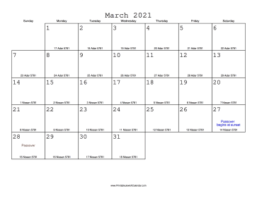 March 2021 Calendar with Jewish equivalents 