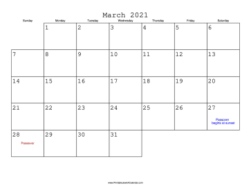 March 2021 Calendar with Jewish holidays 