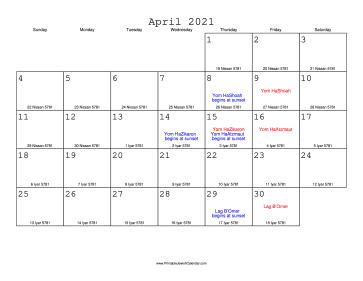 April 2021 Calendar with Jewish equivalents 
