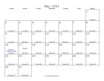 May 2021 Calendar with Jewish equivalents 