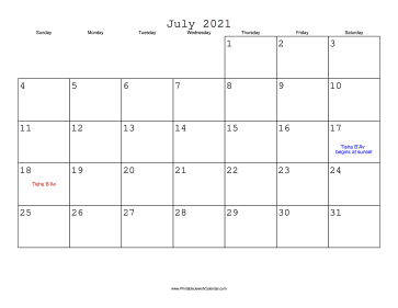 July 2021 Calendar with Jewish holidays 