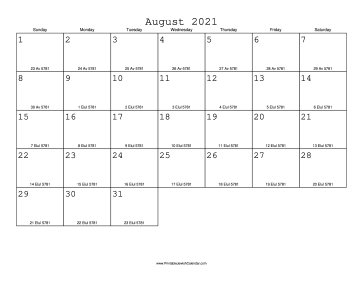 August 2021 Calendar with Jewish equivalents 