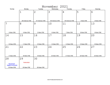November 2021 Calendar with Jewish equivalents 