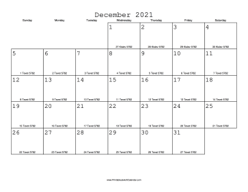 December 2021 Calendar with Jewish equivalents 