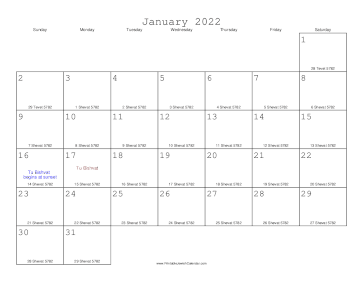 January 2022 Calendar with Jewish equivalents 