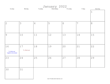 January 2022 Calendar with Jewish holidays 