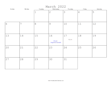 March 2022 Calendar with Jewish holidays 