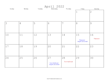 April 2022 Calendar with Jewish holidays 