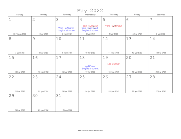 May 2022 Calendar with Jewish equivalents 