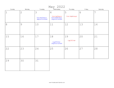 May 2022 Calendar with Jewish holidays 