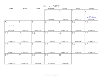 June 2022 Calendar with Jewish equivalents 