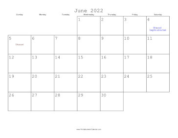 June 2022 Calendar with Jewish holidays 