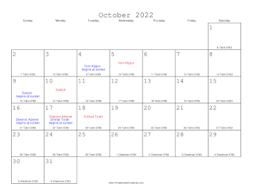 October 2022 Calendar with Jewish equivalents 