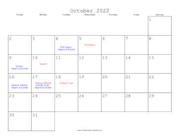 October 2022 Calendar with Jewish holidays 