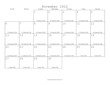 November 2022 Calendar with Jewish equivalents 