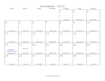 December 2022 Calendar with Jewish equivalents 