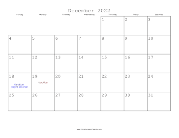 December 2022 Calendar with Jewish holidays 