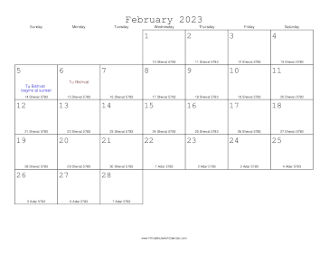 February 2023 Calendar with Jewish equivalents 