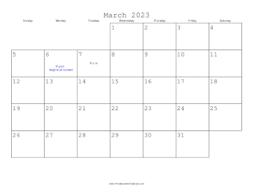 March 2023 Calendar with Jewish holidays 