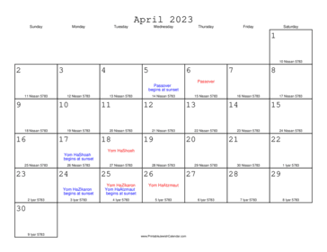 April 2023 Calendar with Jewish equivalents 