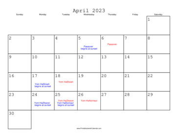 April 2023 Calendar with Jewish holidays 