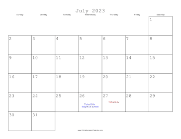 July 2023 Calendar with Jewish holidays 
