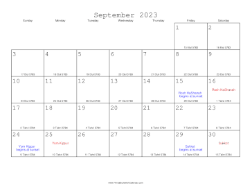 September 2023 Calendar with Jewish equivalents 