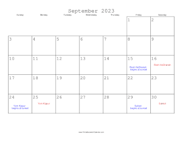 September 2023 Calendar with Jewish holidays 