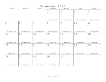 November 2023 Calendar with Jewish equivalents 