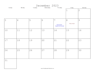 December 2023 Calendar with Jewish holidays 