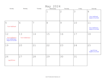 May 2024 Calendar with Jewish holidays 