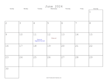 June 2024 Calendar with Jewish holidays 