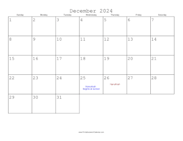 December 2024 Calendar with Jewish holidays 