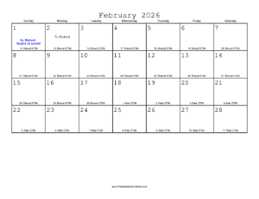 February 2026 Calendar with Jewish equivalents 