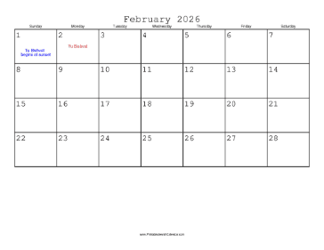 February 2026 Calendar with Jewish holidays 