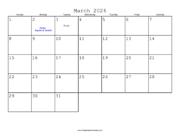 March 2026 Calendar with Jewish holidays 